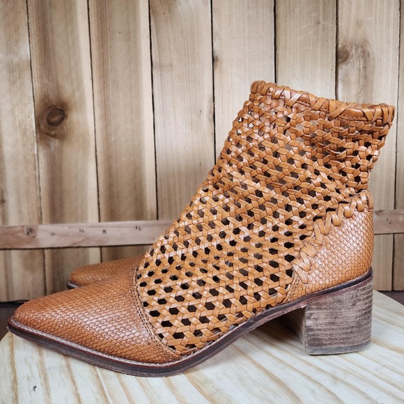 Free People Shoes - Free People In The Loop Boots Womens 10 Brown Leather Woven Ankle Booties Boho